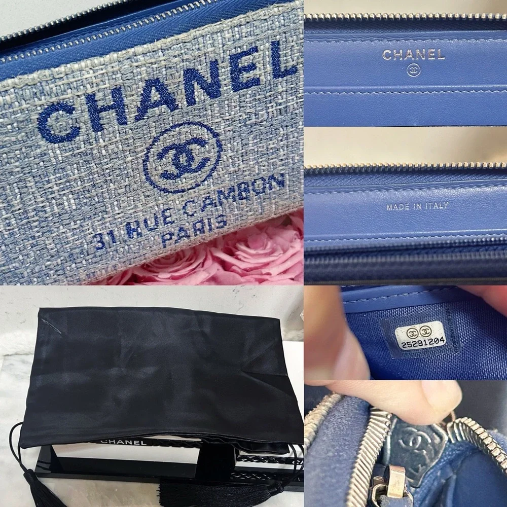 Authentic Chanel Light Blue Deauville Tweed Continental Wallet / Clutch